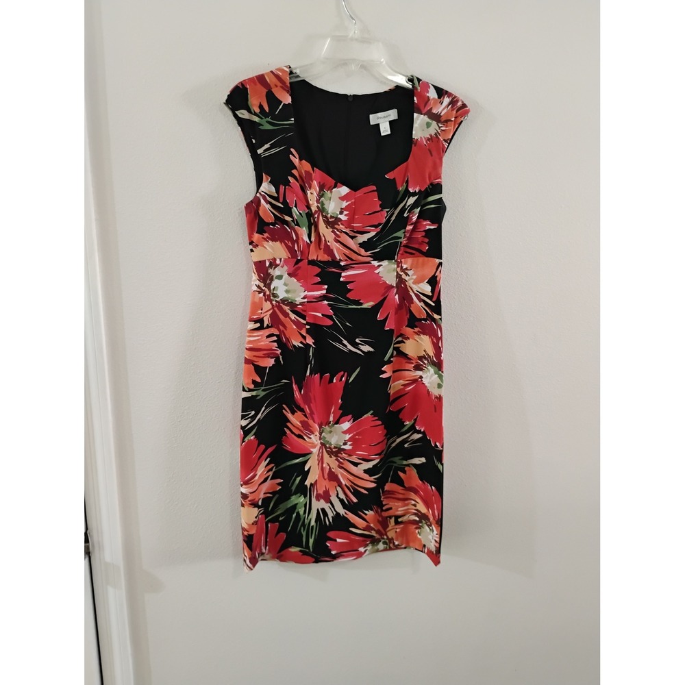 Dressbarn Womens Floral Sheath Dress Black Red Orange Sweetheart Neck Size 8